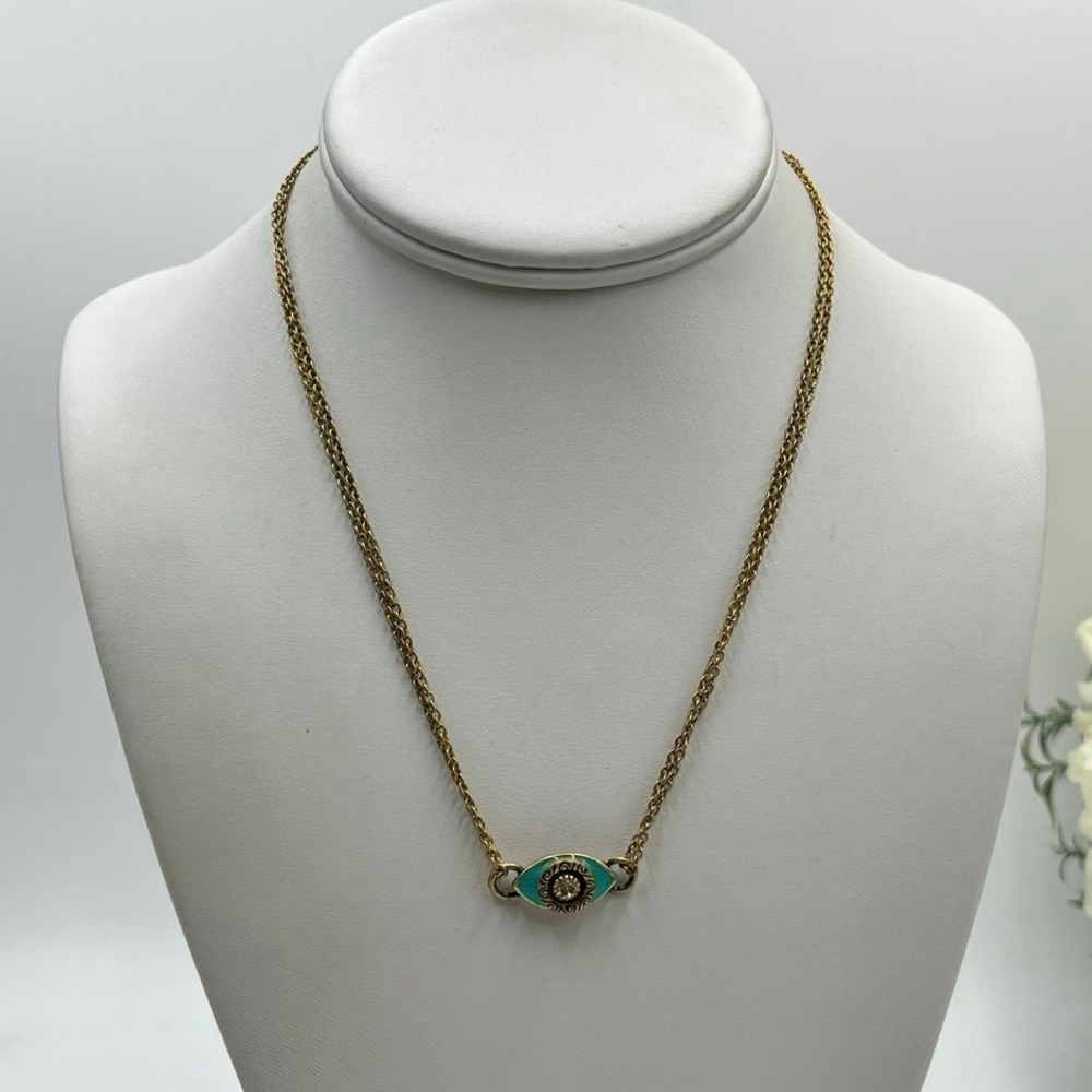 Michal Golan Turquoise Blue Black Evil Eye Necklace on Double Chain Rhinestone